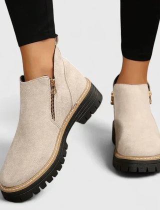 Theresa Side-Zip Lug Sole Winter Boots in Beige