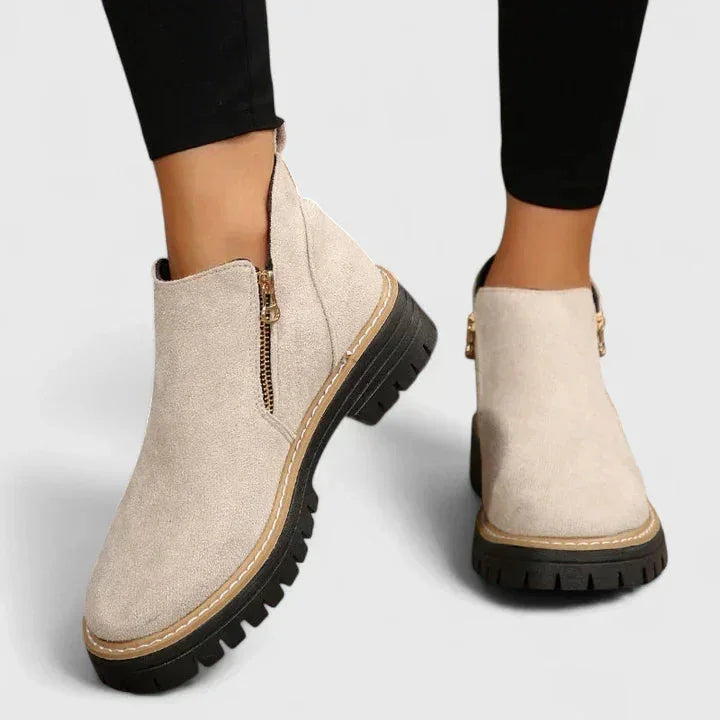 Theresa Side-Zip Lug Sole Winter Boots in Beige