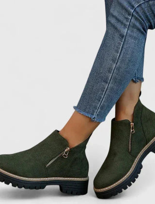 Theresa Side-Zip Lug Sole Winter Boots in Olive Green