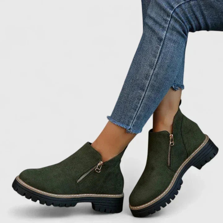 Theresa Side-Zip Lug Sole Winter Boots in Olive Green