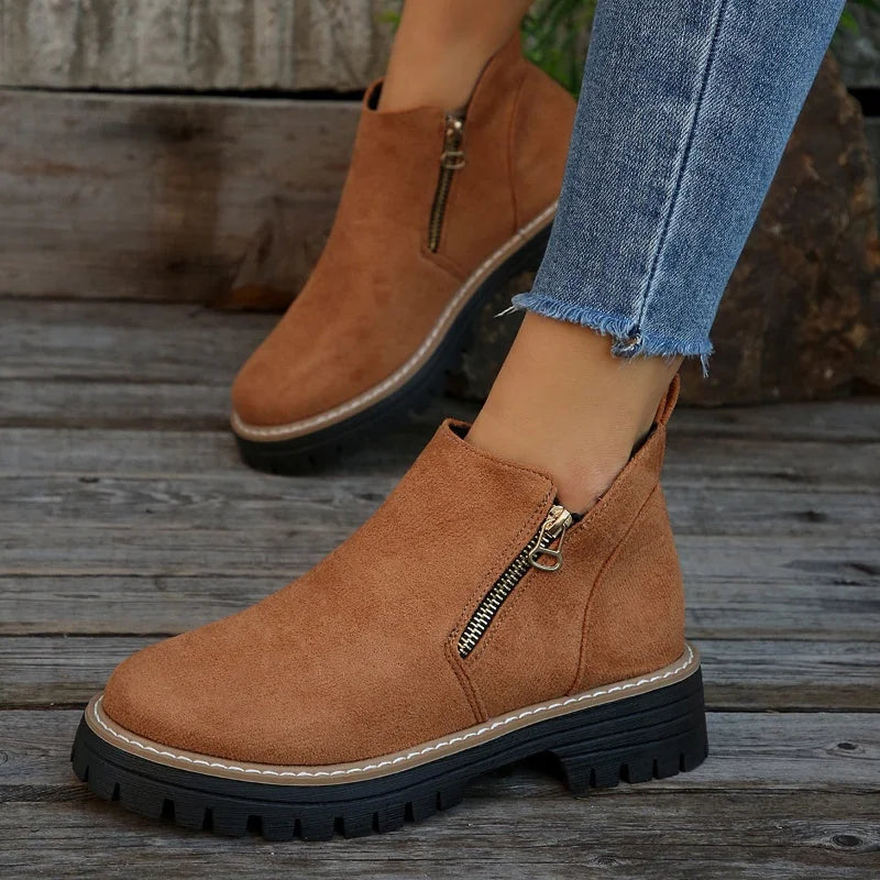 Theresa Side-Zip Lug Sole Winter Boots in Brown