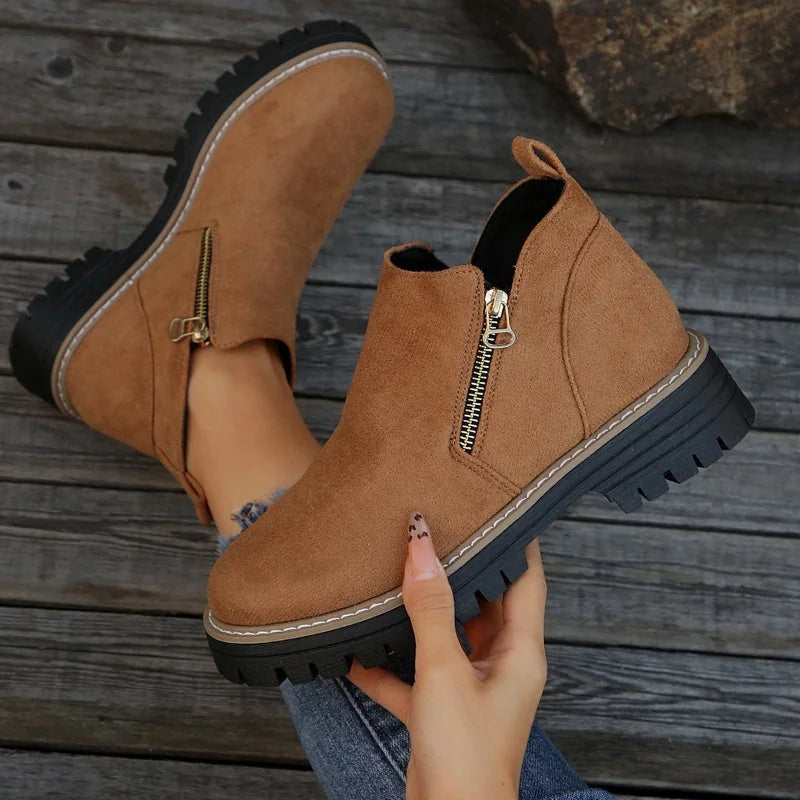 Theresa Side-Zip Lug Sole Winter Boots in Brown