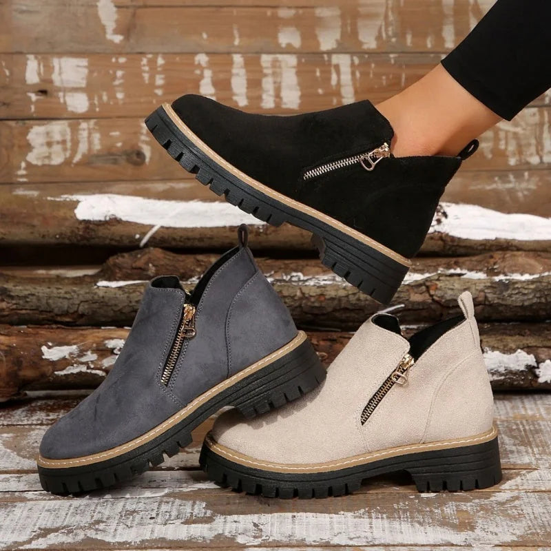 Theresa Side-Zip Lug Sole Winter Boots in Black