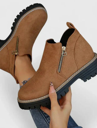 Theresa Side-Zip Lug Sole Winter Boots in Brown