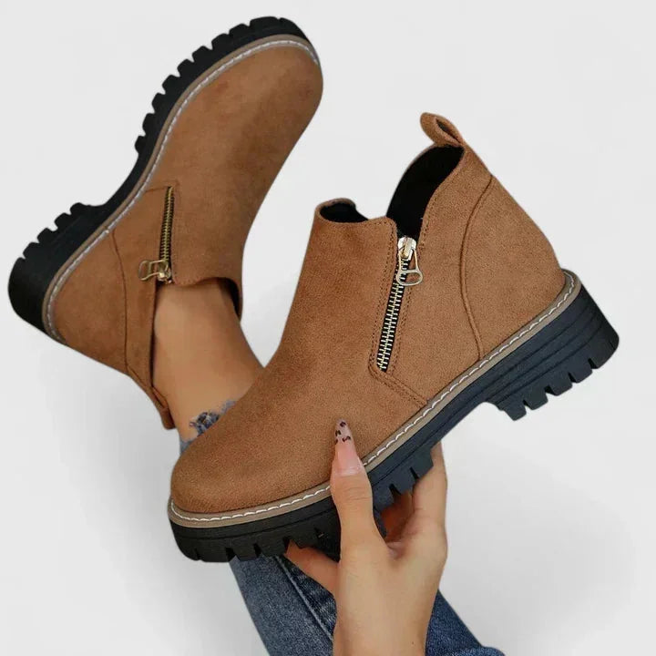 Theresa Side-Zip Lug Sole Winter Boots in Brown