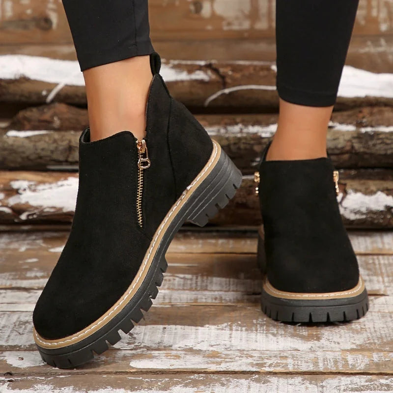 Theresa Side-Zip Lug Sole Winter Boots in Black