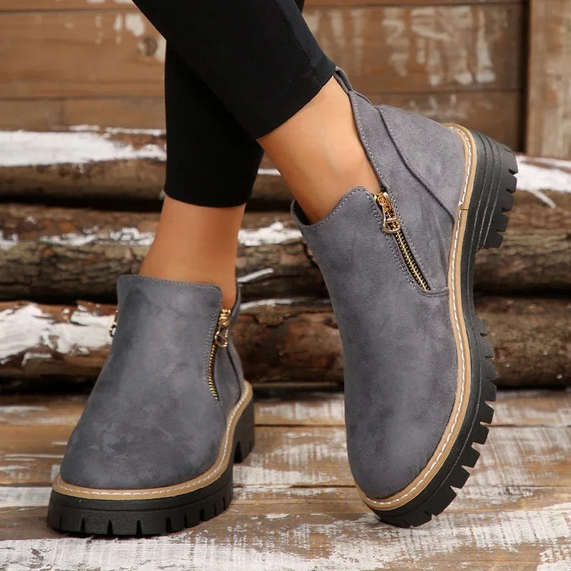 Theresa Side-Zip Lug Sole Winter Boots in Grey