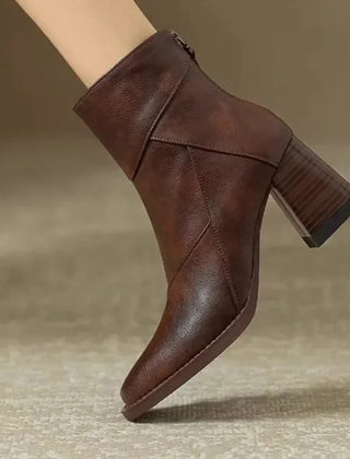 Tina Square Toe Block Heel Ankle Boots in Brown