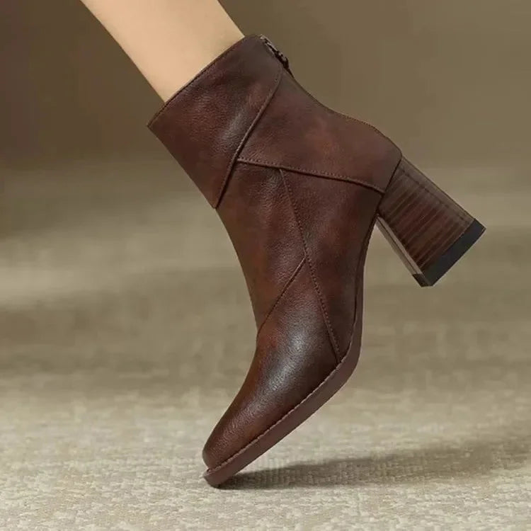 Tina Square Toe Block Heel Ankle Boots in Brown