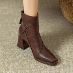 Tina Square Toe Block Heel Ankle Boots in Brown