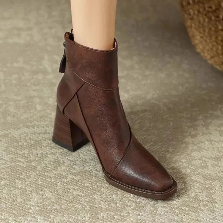 Tina Square Toe Block Heel Ankle Boots in Brown