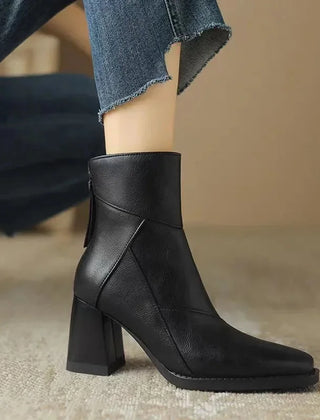 Tina Square Toe Block Heel Ankle Boots in Black