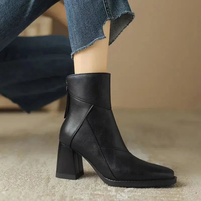 Tina Square Toe Block Heel Ankle Boots in Black