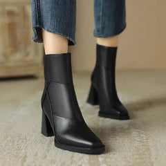Tina Square Toe Block Heel Ankle Boots in Black