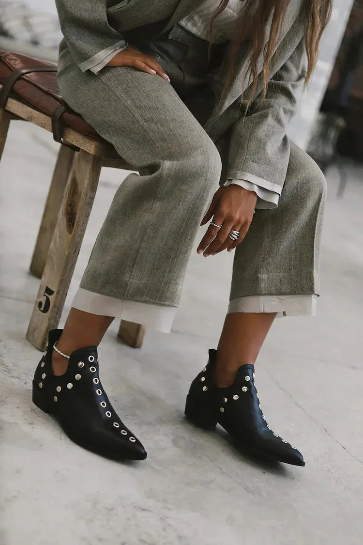 Trisha Studded Pointed Ankle Boots in Black