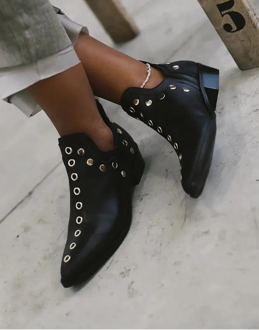 Trisha Studded Pointed Ankle Boots in Black