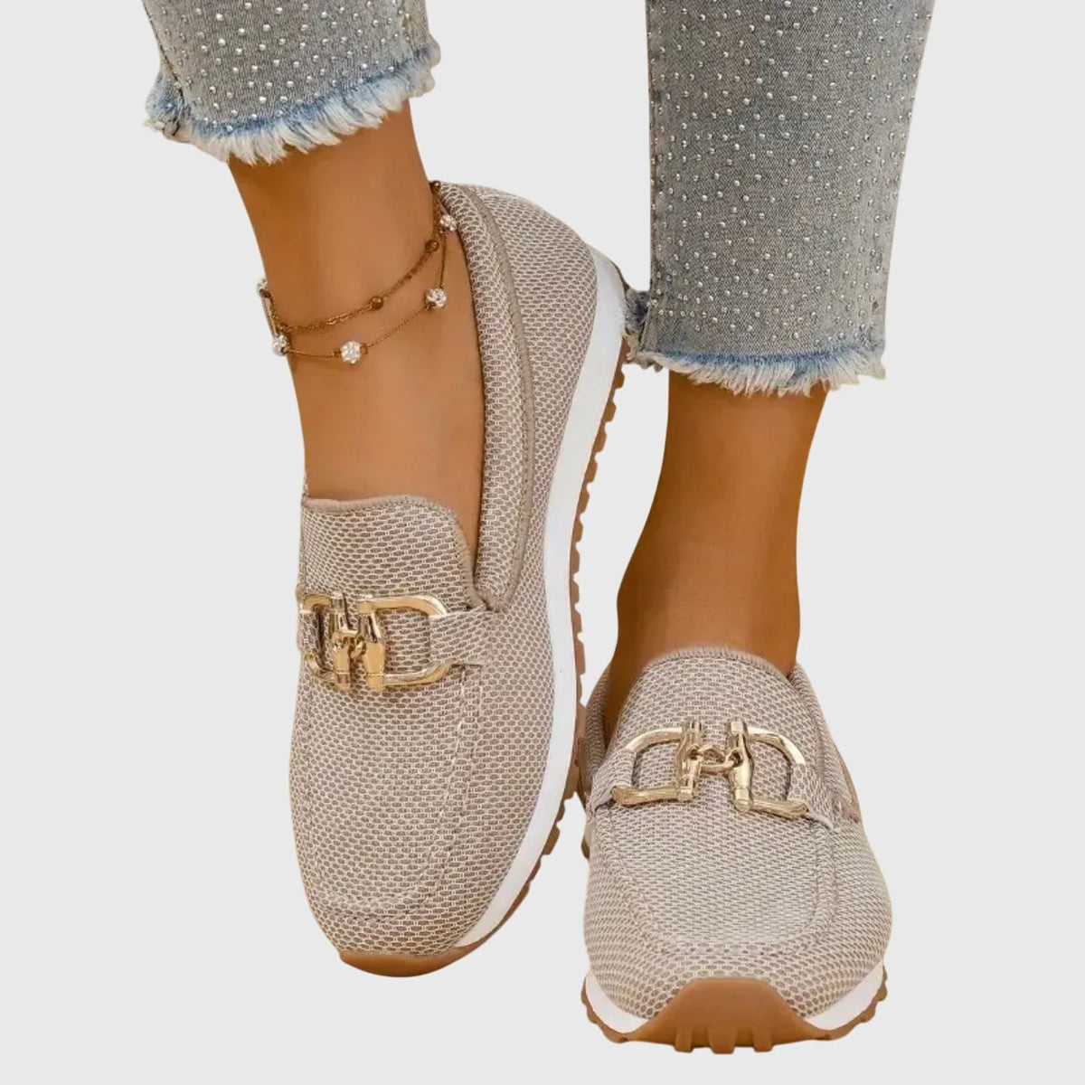 Una Buckle Slip-On Sneakers in Beige