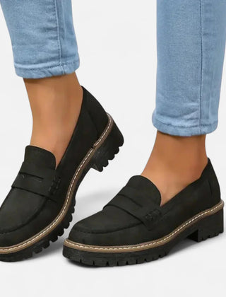 Valerie Lug Sole Penny Loafers in Black