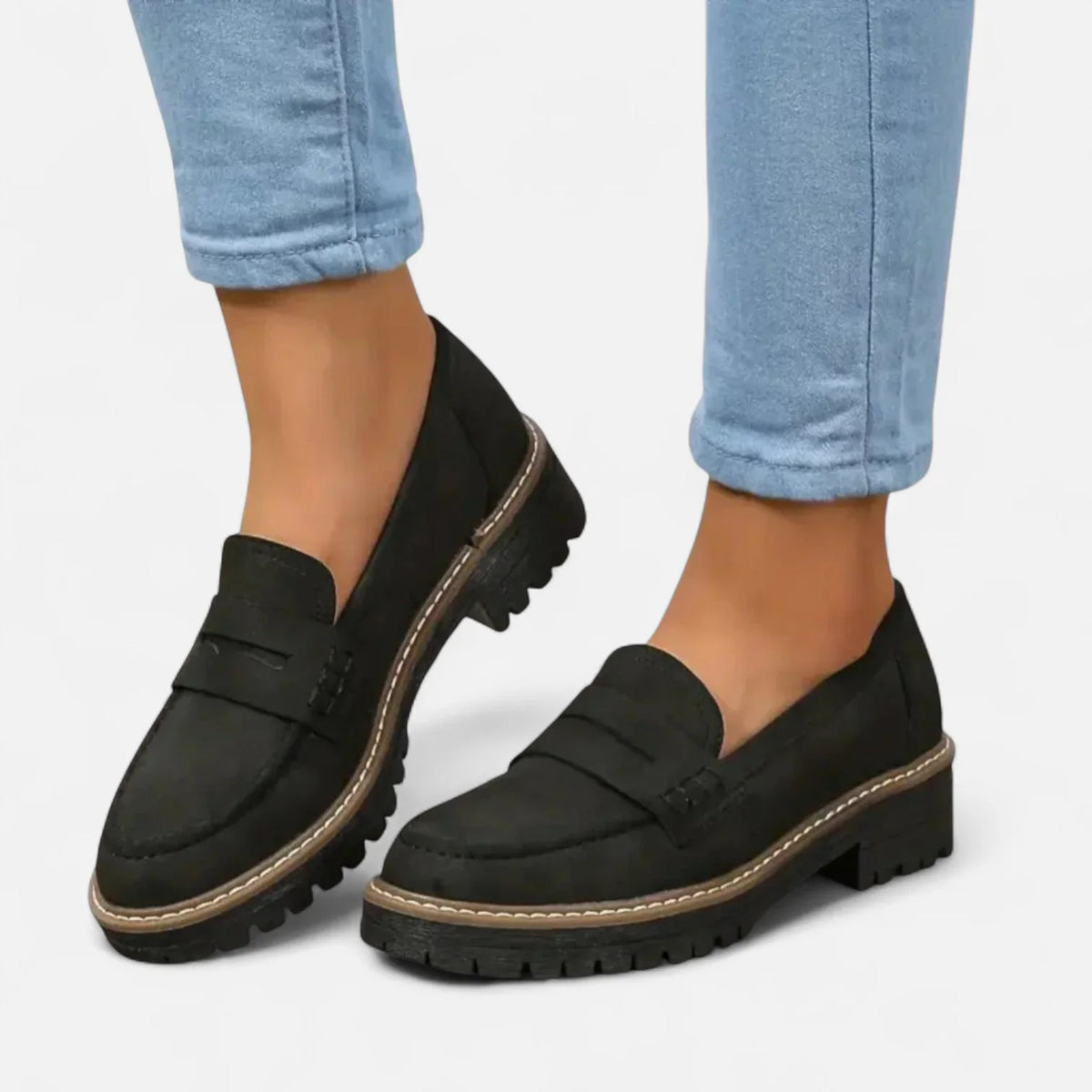 Valerie Lug Sole Penny Loafers in Black