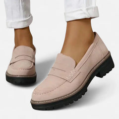 Valerie Lug Sole Penny Loafers in Beige