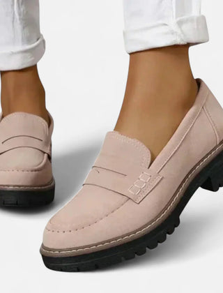 Valerie Lug Sole Penny Loafers in Beige