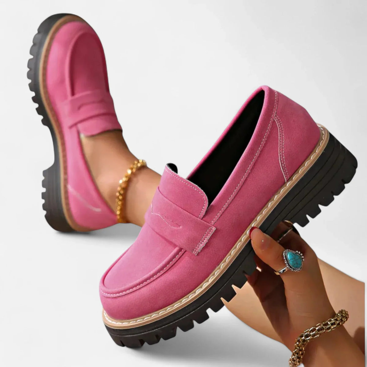 Valerie Lug Sole Penny Loafers in Pink