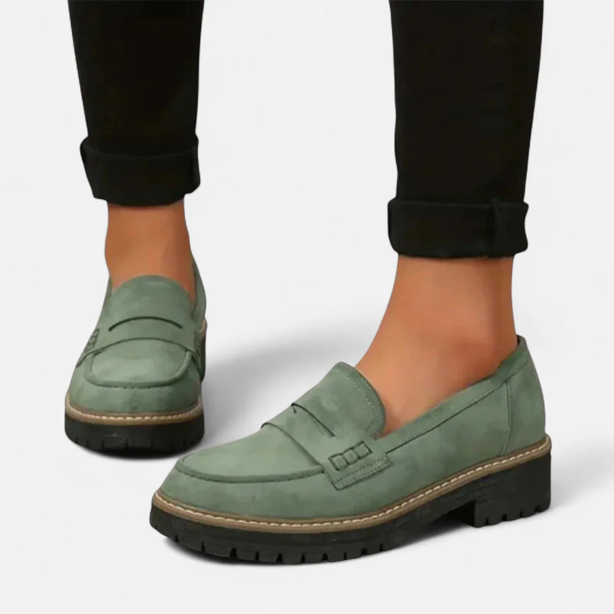 Valerie Lug Sole Penny Loafers in Green