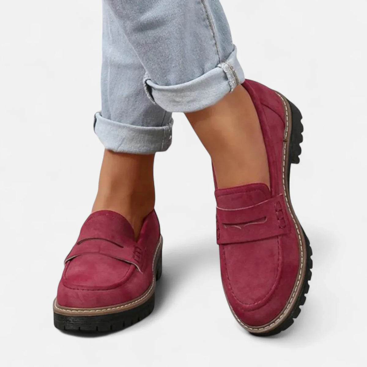 Valerie Lug Sole Penny Loafers in Red