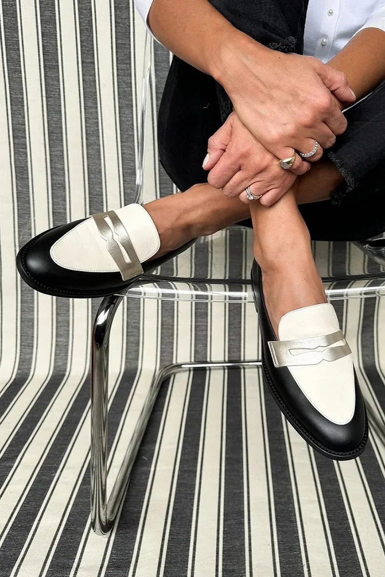 Victoria Two-Tone Penny Loafers in Black & White