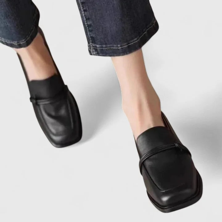 Violet Square Toe Heeled Loafers in Black