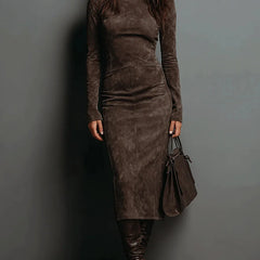 Vivienne High Neck Long Sleeve Midi Dress in Brown