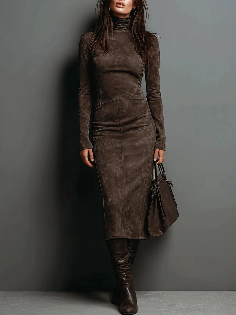 Vivienne High Neck Long Sleeve Midi Dress in Brown