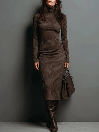 Vivienne High Neck Long Sleeve Midi Dress in Brown