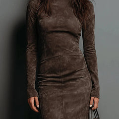 Vivienne High Neck Long Sleeve Midi Dress in Brown