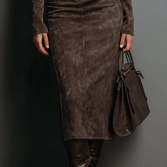 Vivienne High Neck Long Sleeve Midi Dress in Brown