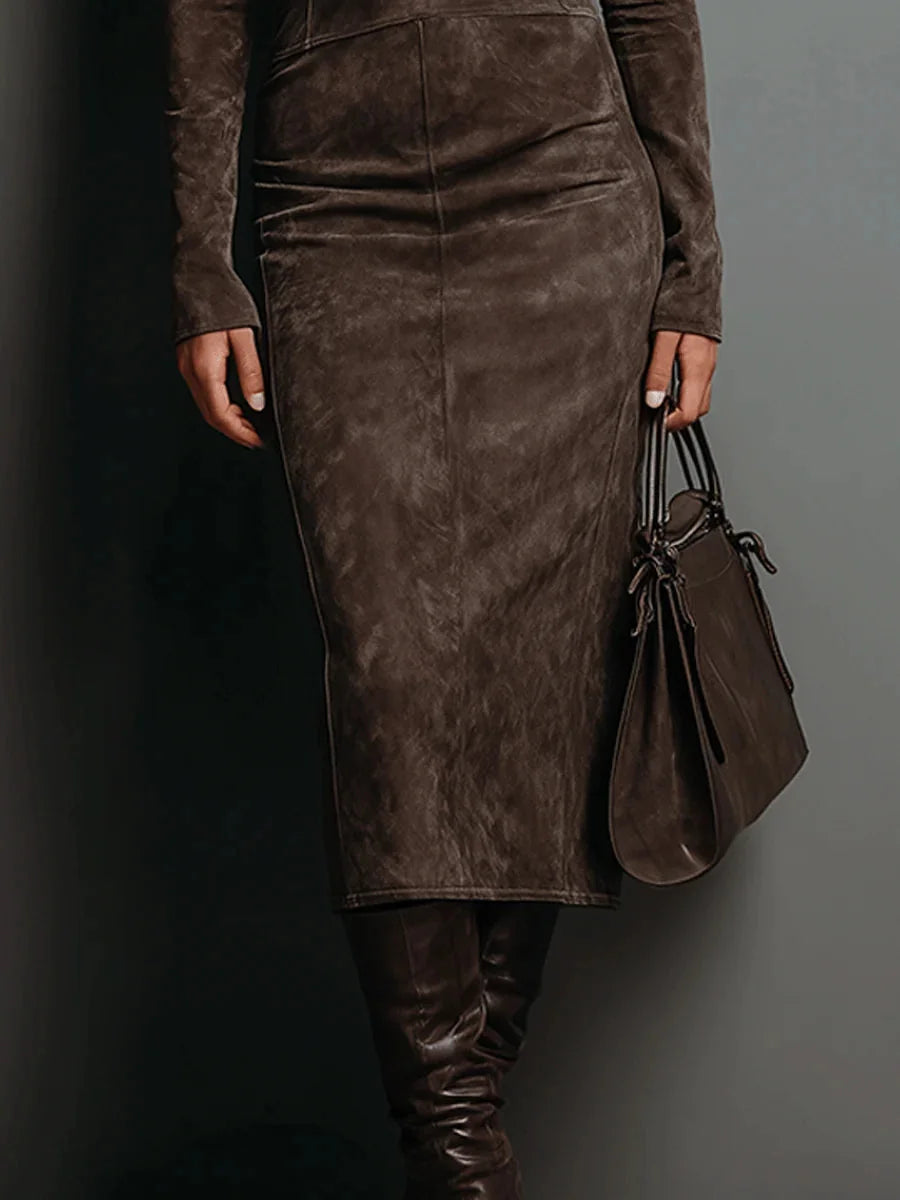 Vivienne High Neck Long Sleeve Midi Dress in Brown