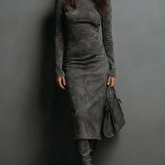 Vivienne High Neck Long Sleeve Midi Dress in Dark Grey
