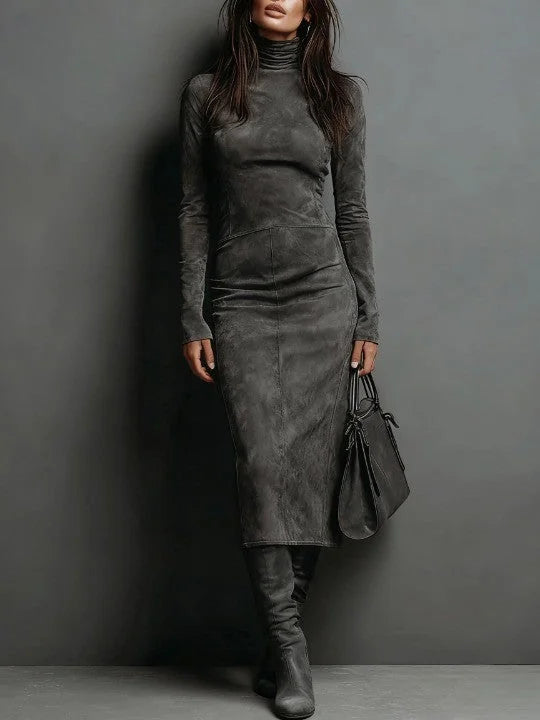Vivienne High Neck Long Sleeve Midi Dress in Dark Grey