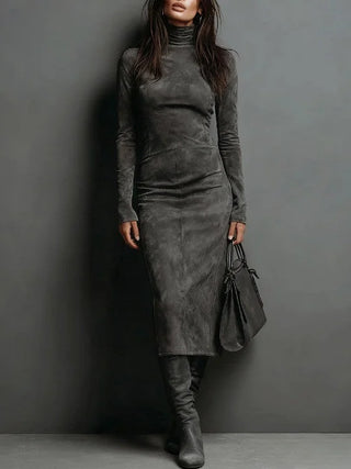 Vivienne High Neck Long Sleeve Midi Dress in Dark Grey