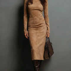 Vivienne High Neck Long Sleeve Midi Dress in Camel