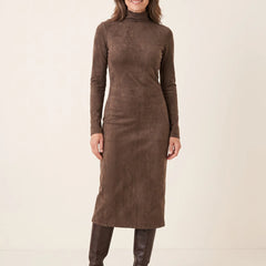 Vivienne High Neck Long Sleeve Midi Dress in Brown, worn