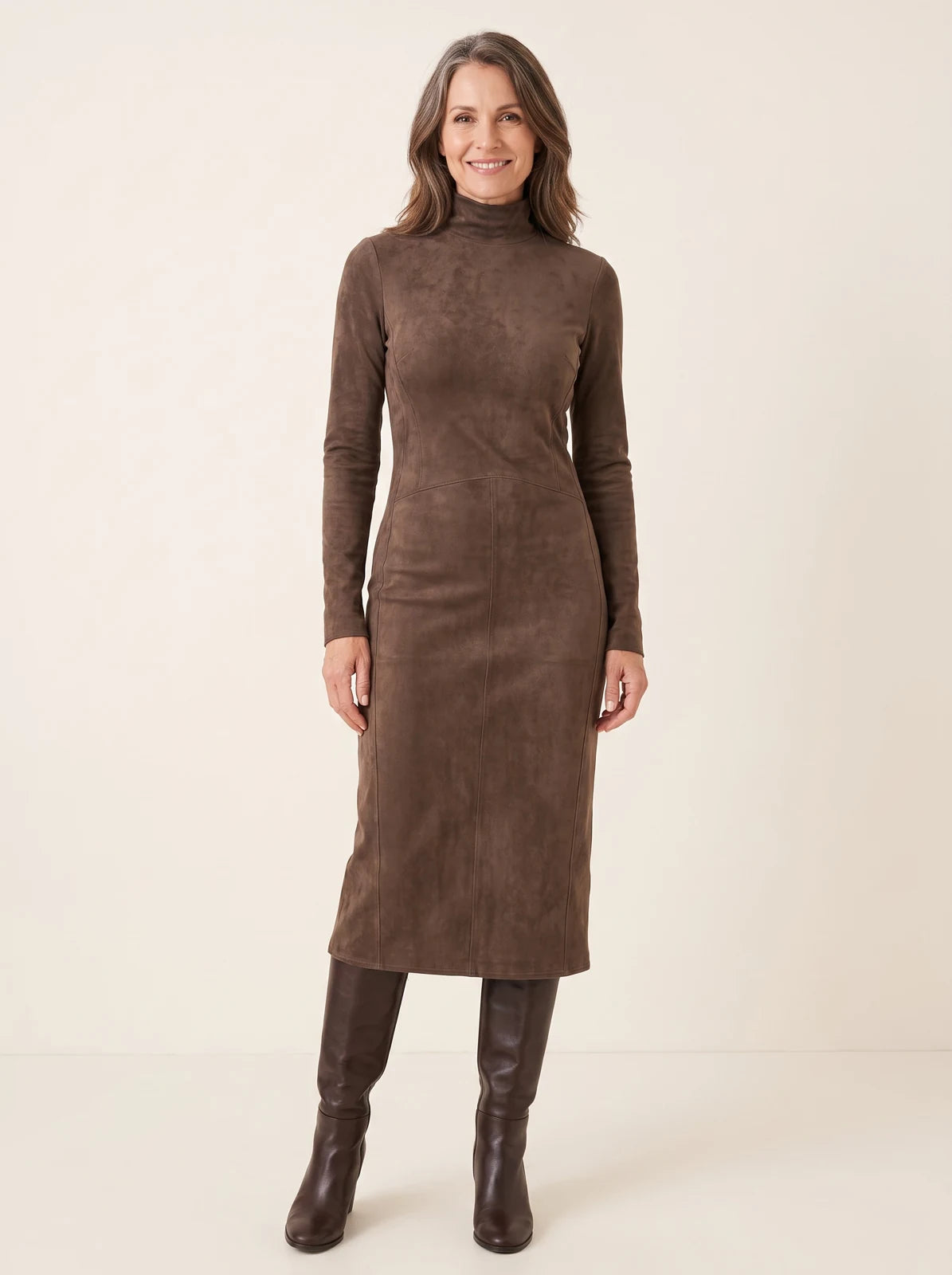 Vivienne High Neck Long Sleeve Midi Dress in Brown, worn
