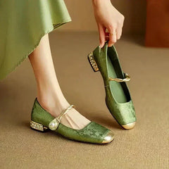 Wilma Pearl Strap Mary Janes in Sage Green