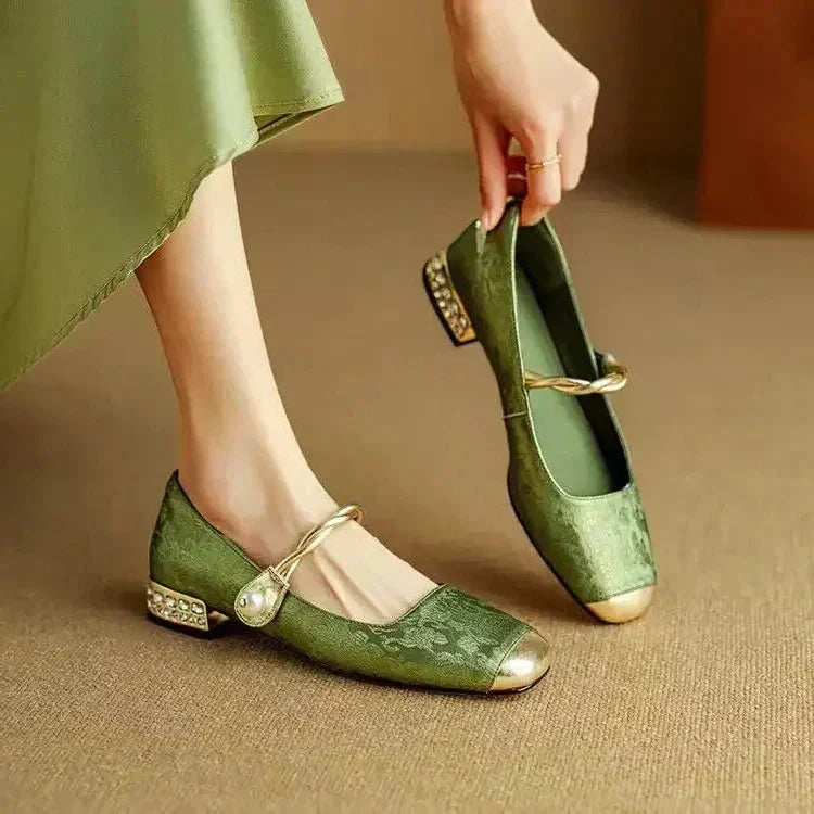 Wilma Pearl Strap Mary Janes in Sage Green