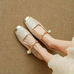 Wilma Pearl Strap Mary Janes in Beige