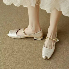Wilma Pearl Strap Mary Janes in Beige
