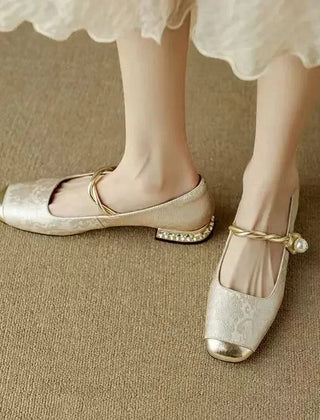 Wilma Pearl Strap Mary Janes in Beige