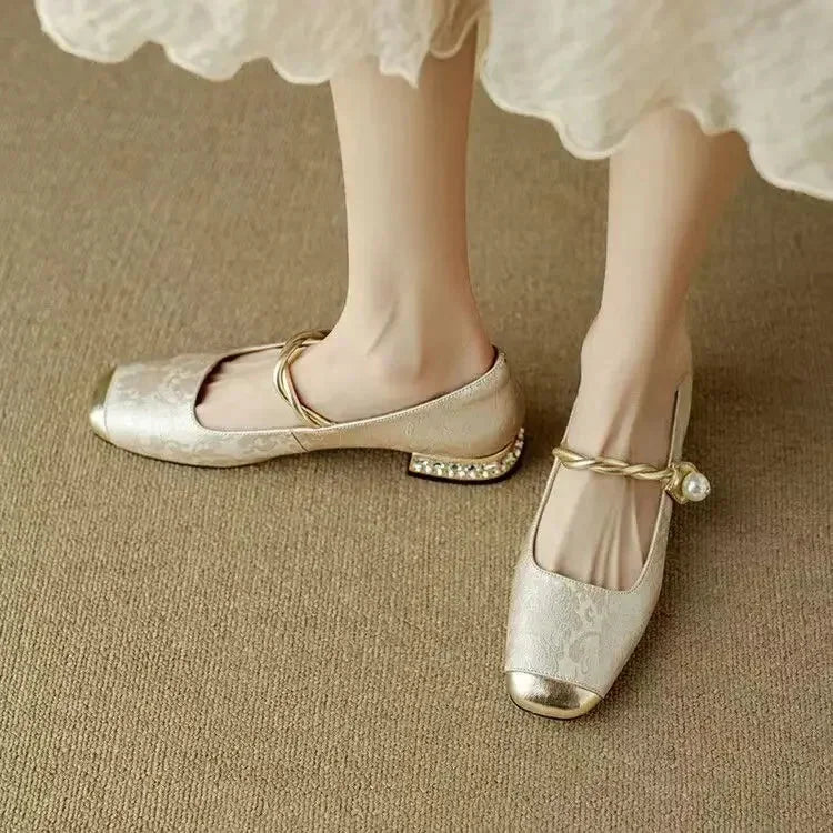Wilma Pearl Strap Mary Janes in Beige