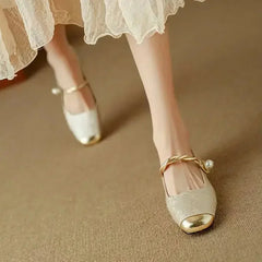 Wilma Pearl Strap Mary Janes in Beige