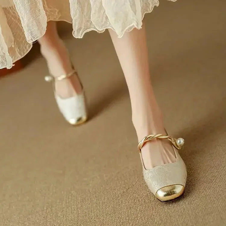 Wilma Pearl Strap Mary Janes in Beige